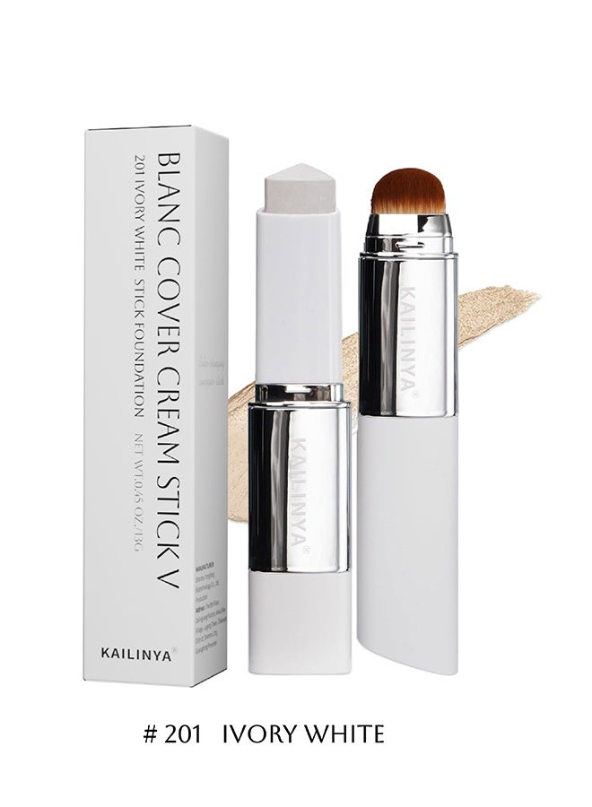 KAILINYA Blanc Cover Cream Stick V White - Korean Color-Changing Foundation Stick with Volufiline - Medium to Full Coverage Dewy Finish Base Makeup - Dual-Ended with Detachable Brush (#201#IVORY) - Image 2