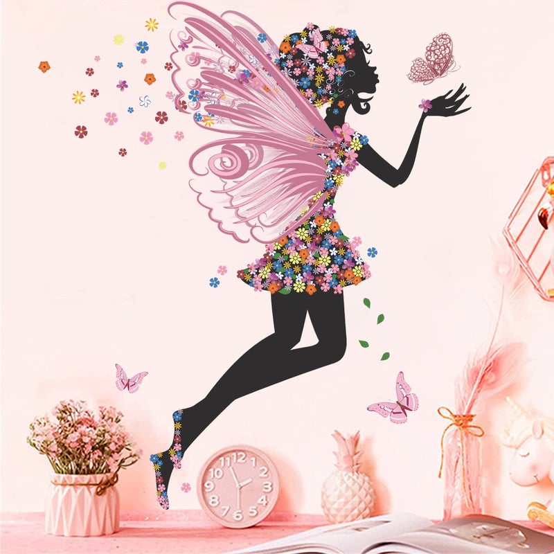 Supzone Butterfly Girl Wall Stickers  Flowers Fairy Wall Decal Removable Vinyl Art Stickers for Girls Baby Nursery Kids Bedroom Living Room Bathroom Decor Mural