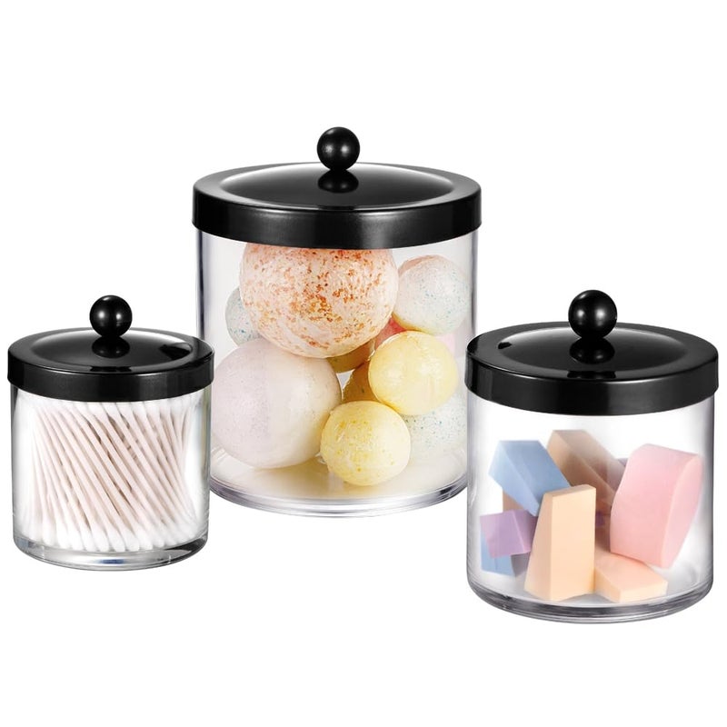 SheeChung Premium Quality Apothecary Jars - Clear Plastic Storage Jars with Rust Proof Stainless Steel Lids - Bathroom Vanity Countertop Organizer Canister Holder House Decor | Set of 3 (Black) - Image 1