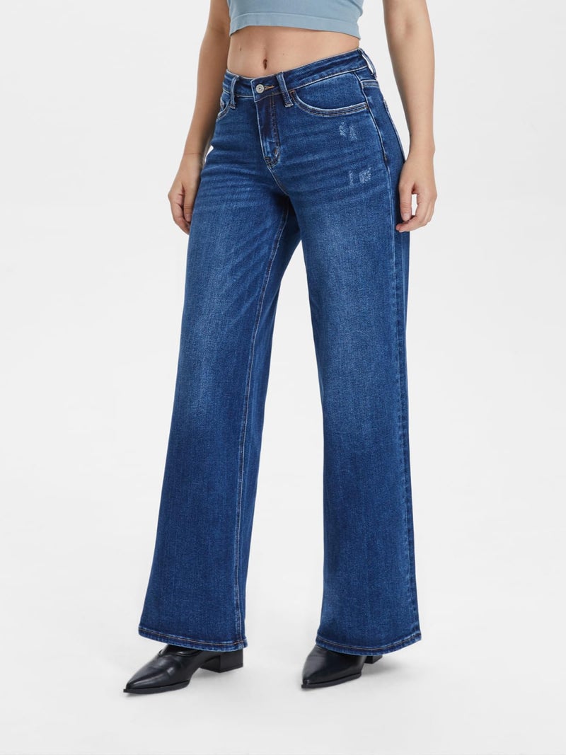 ONESO Mid-Low Rise Baggy Jeans Wide Leg for Women Distressed Pants Stretchy Bottom Lady Basic Comfortable Denim - Image 2