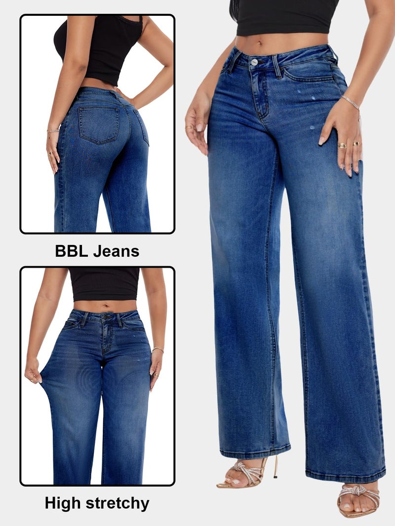 ONESO Mid-Low Rise Baggy Jeans Wide Leg for Women Distressed Pants Stretchy Bottom Lady Basic Comfortable Denim - Image 5