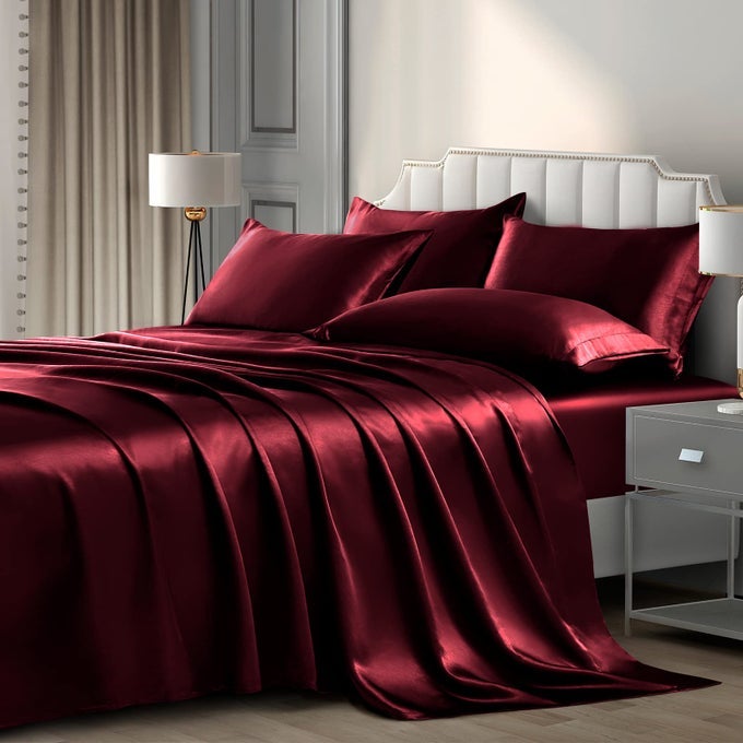 6 PIECES QUEEN SATIN SHEETS LUXURY SILKY BURGUNDY SATIN BEDDING SHEET SET 1 DEEP POCKET FITTED SHEET 1 FLAT SHEET 4 PILLOW CASES