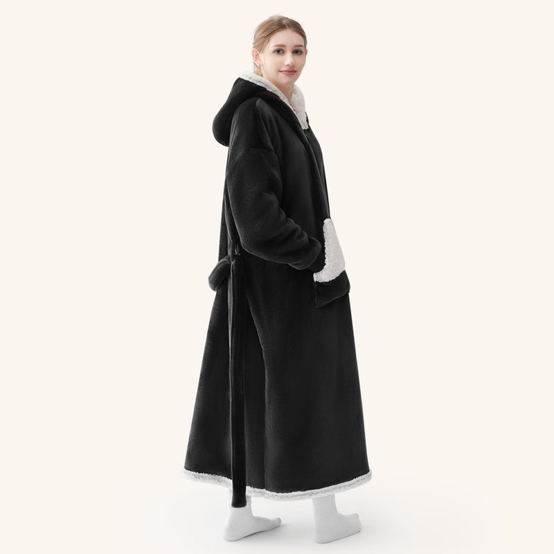 Touchat Touchat Wearable Blanket Hoodie as Gifts for Women and Men Warm and Cozy Large Blanket Sweatshirt Thick&Long Sherpa Fleece Hooded Blanket with Oversize Pocket and Belt  Winter Gifts Standard- Black  - Image 2