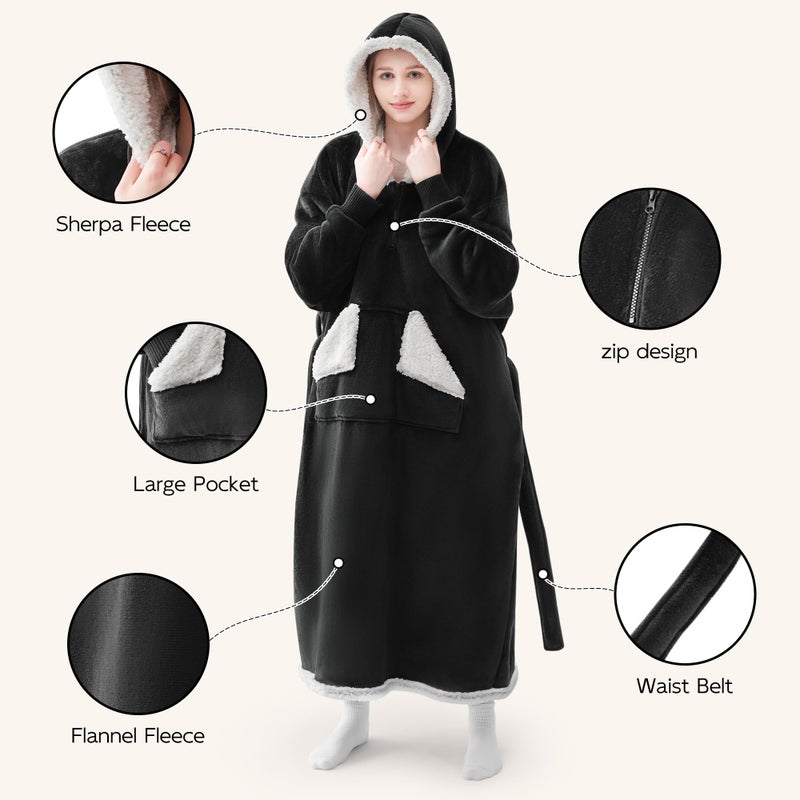 Touchat Touchat Wearable Blanket Hoodie as Gifts for Women and Men Warm and Cozy Large Blanket Sweatshirt Thick&Long Sherpa Fleece Hooded Blanket with Oversize Pocket and Belt  Winter Gifts Standard- Black  - Image 3