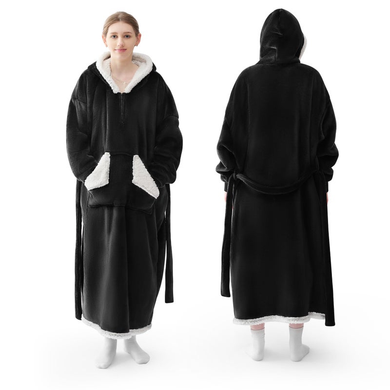 Touchat Touchat Wearable Blanket Hoodie as Gifts for Women and Men Warm and Cozy Large Blanket Sweatshirt Thick&Long Sherpa Fleece Hooded Blanket with Oversize Pocket and Belt  Winter Gifts Standard- Black  - Image 1