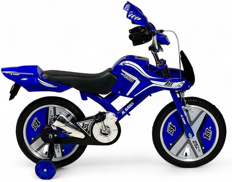 البدر دراجة اطفال من البدر مقاس 16 انش، دراجة مع مؤثرات صوتية للدراجة النارية، دراجة مع مقعد جلد مريح وعجلات تدريب، دراجة مناسبة للاطفال من سن 7-11 سنة (ازرق) - Image 1