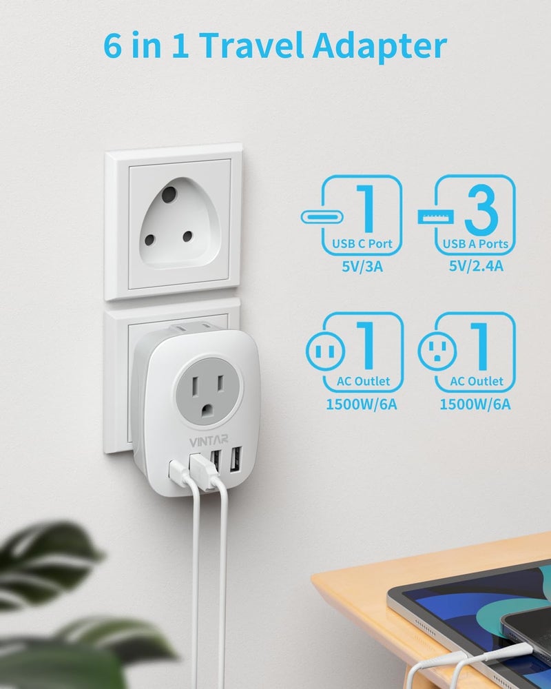 VINTAR 2 Pack US to India Plug Adapter, Type D Travel Adapter with 1 USB C, 3 USB Ports and 2 American Outlets, 6 in 1 India Power Adapter for USA to India, Bangladesh, Maldives, Pakistan, Nepal - Image 3