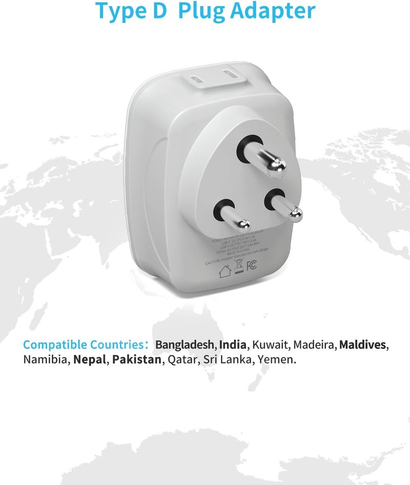 VINTAR 2 Pack US to India Plug Adapter, Type D Travel Adapter with 1 USB C, 3 USB Ports and 2 American Outlets, 6 in 1 India Power Adapter for USA to India, Bangladesh, Maldives, Pakistan, Nepal - Image 2
