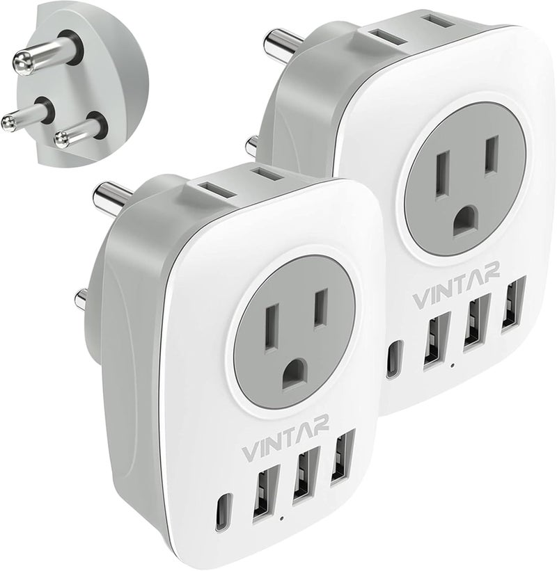 VINTAR 2 Pack US to India Plug Adapter, Type D Travel Adapter with 1 USB C, 3 USB Ports and 2 American Outlets, 6 in 1 India Power Adapter for USA to India, Bangladesh, Maldives, Pakistan, Nepal - Image 1