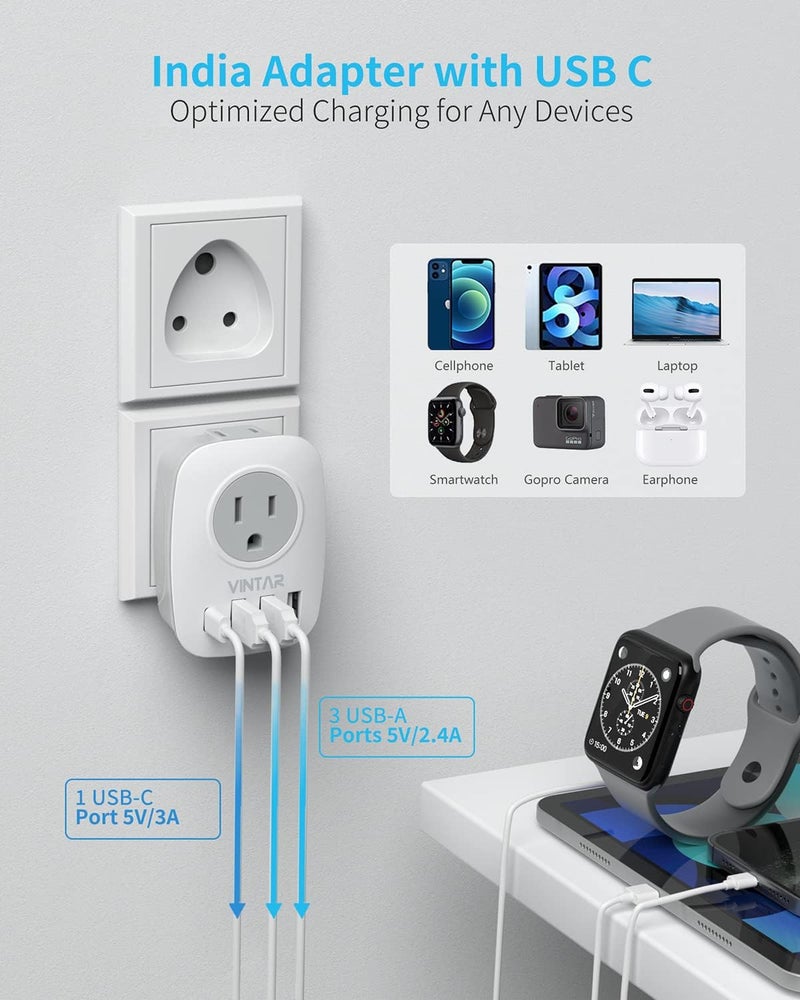 VINTAR 2 Pack US to India Plug Adapter, Type D Travel Adapter with 1 USB C, 3 USB Ports and 2 American Outlets, 6 in 1 India Power Adapter for USA to India, Bangladesh, Maldives, Pakistan, Nepal - Image 4