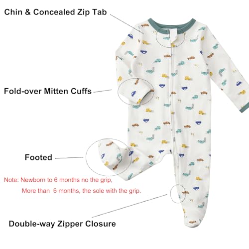 Aablexema Baby Pajamas with Mitten Cuffs Zipper 4-Pack Infant Newborn Cotton Long Sleeve Footie Outfit(Stripe/Oatmeal/Green/White Vehicle,Newborn) - Image 4