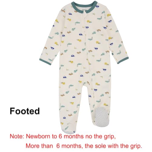Aablexema Baby Pajamas with Mitten Cuffs Zipper 4-Pack Infant Newborn Cotton Long Sleeve Footie Outfit(Stripe/Oatmeal/Green/White Vehicle,Newborn) - Image 5