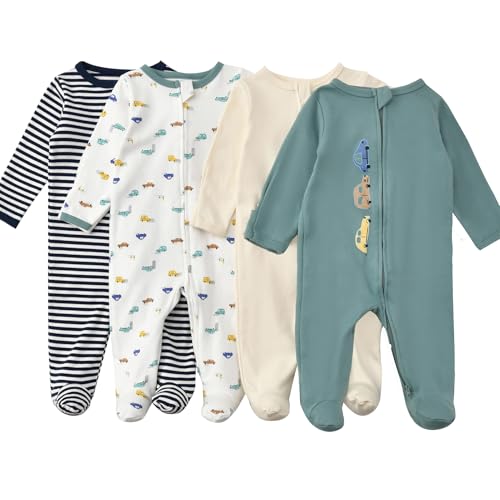 Aablexema Baby Pajamas with Mitten Cuffs Zipper 4-Pack Infant Newborn Cotton Long Sleeve Footie Outfit(Stripe/Oatmeal/Green/White Vehicle,Newborn) - Image 2
