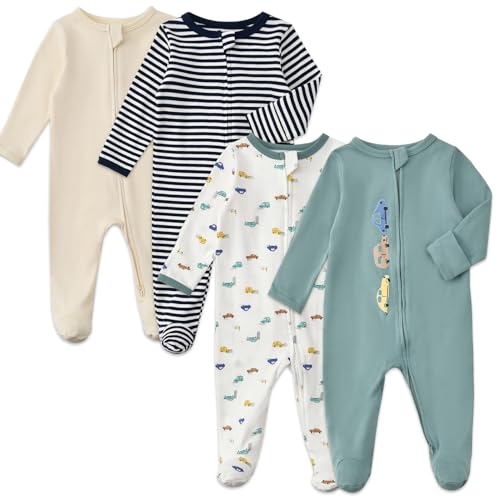 Aablexema Baby Pajamas with Mitten Cuffs Zipper 4-Pack Infant Newborn Cotton Long Sleeve Footie Outfit(Stripe/Oatmeal/Green/White Vehicle,Newborn) - Image 1