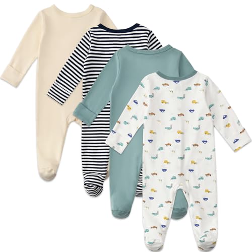 Aablexema Baby Pajamas with Mitten Cuffs Zipper 4-Pack Infant Newborn Cotton Long Sleeve Footie Outfit(Stripe/Oatmeal/Green/White Vehicle,Newborn) - Image 3