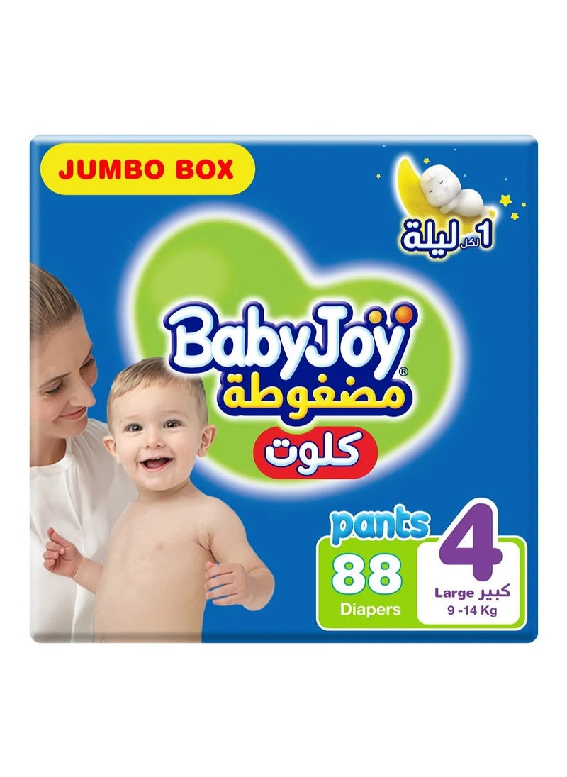 Baby Joy BabyJoy Compressed Culotte Pant Style Diapers, 88 Pieces Jumbo Box, Size 4, 9-14Kg - Leak Protection, Navel Cut Design, Breathable Material 