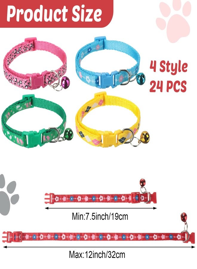 Yunsailing 24 Pcs Cat Collars with Bells for Litter Cat Puppy Soft Nylon Whelping Adjustable Reflective Kitten Collars for Newborn Pets Dogs Kitten, Assorted Colors(Cute Pattern) - Image 2