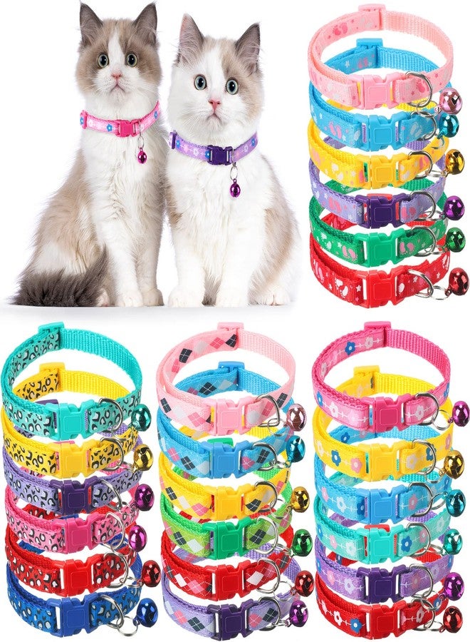 Yunsailing 24 Pcs Cat Collars with Bells for Litter Cat Puppy Soft Nylon Whelping Adjustable Reflective Kitten Collars for Newborn Pets Dogs Kitten, Assorted Colors(Cute Pattern) - Image 1