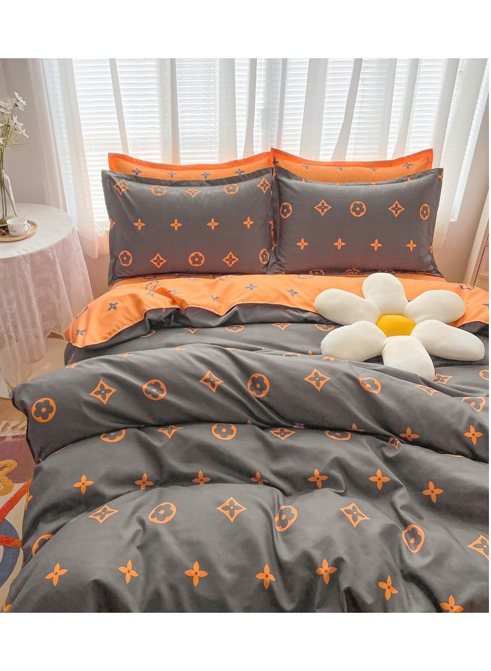 KUYING 4-Piece Double Size Heart Design Duvet Cover Set Cotton Dark Grey/Pink 