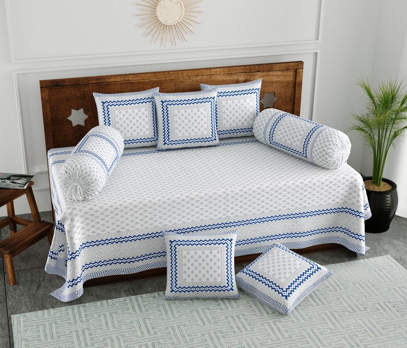 BLOCKS OF INDIA 200Tc Diwan Set Cotton 8 Piece | Deewan Printed Bedsheet Sets For Living Room Hall (Set Of 8 Piece, 1-Bed Sheet | 2-Bolster Cover | 5-Cushion Cover (Color 24, Multicolor) - Image 1