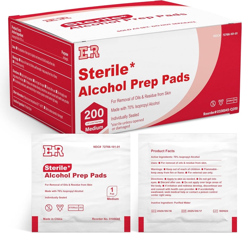 Ever Ready First Aid مناديل كحولية، متوسطة، 2 طبقة، مسحات كحولية مغلفة بشكل فردي، مشبعة بـ 70% كحول إيزوبروبيلي - 200 قطعة - Image 1
