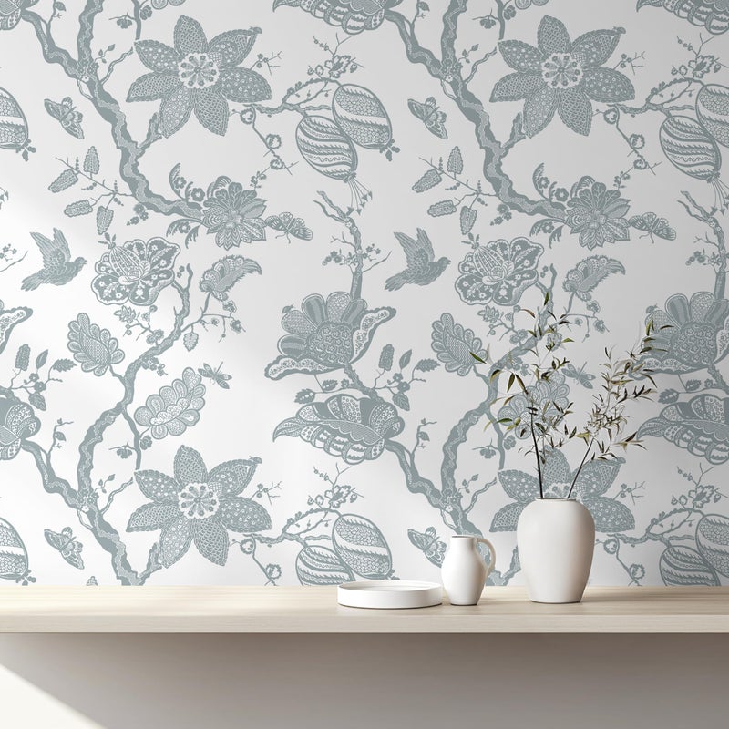 Micpolo Peel and Stick Wallpaper Floral Wall Paper Modern Contact Paper Boho Bedroom Bathroom Wallpaper Peel and Stick Blue and White Removable Self-Adhesive Wall Decor Vinyl Roll 17.3" x 118" - Image 1