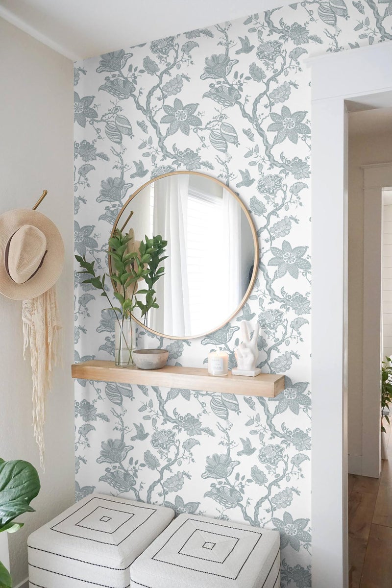 Micpolo Peel and Stick Wallpaper Floral Wall Paper Modern Contact Paper Boho Bedroom Bathroom Wallpaper Peel and Stick Blue and White Removable Self-Adhesive Wall Decor Vinyl Roll 17.3" x 118" - Image 4