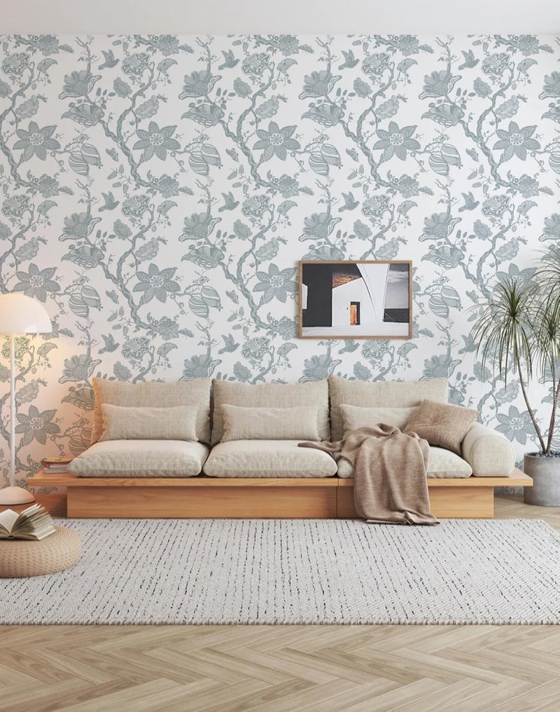 Micpolo Peel and Stick Wallpaper Floral Wall Paper Modern Contact Paper Boho Bedroom Bathroom Wallpaper Peel and Stick Blue and White Removable Self-Adhesive Wall Decor Vinyl Roll 17.3" x 118" - Image 2