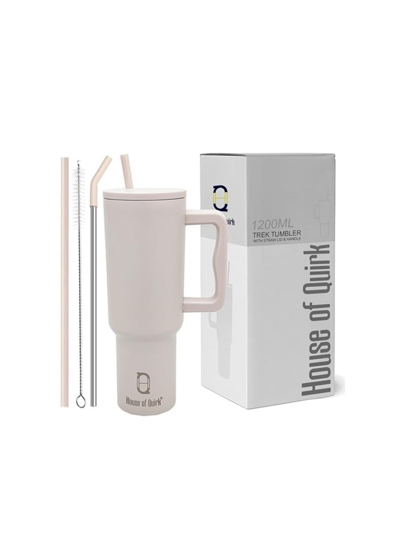 Atlasware House of Quirk 1200ML Stainless Steel Tumbler Hot and Cold with Handle and Lid 2 Straw, Double Insulated Cup 100% Leak Proof Mug Cupholder for Gym, Travelling (Oatmeal)  - Image 1