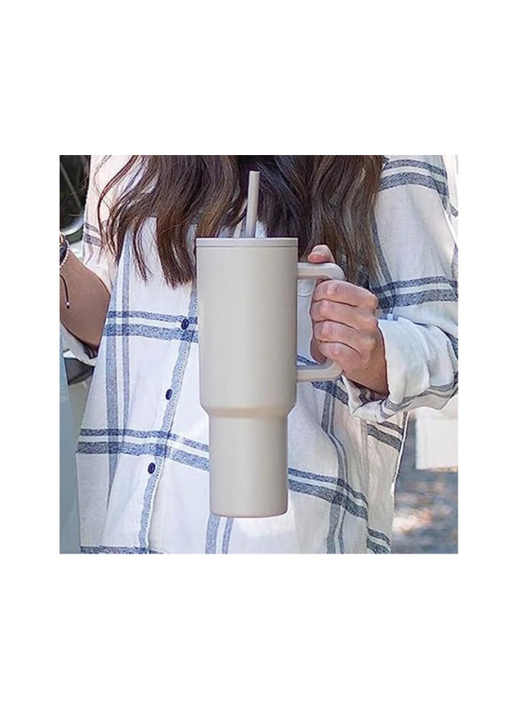 Atlasware House of Quirk 1200ML Stainless Steel Tumbler Hot and Cold with Handle and Lid 2 Straw, Double Insulated Cup 100% Leak Proof Mug Cupholder for Gym, Travelling (Oatmeal)  - Image 3