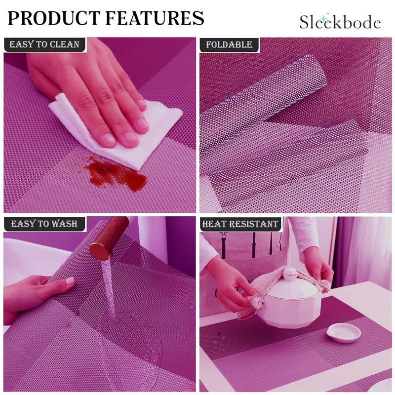 SLEEKBODE PVC Dining Table Mats Set of 6 Pieces Waterproof PVC Placemats for Dining Table Set of 6 Heat Resistant Mats for Dining Table Mats 6 Pieces Tablemat Gift to Dearones PurpleWhite - Image 4
