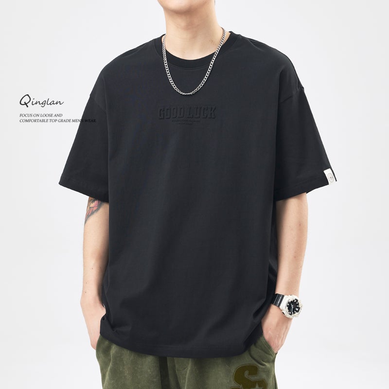 Summer Heavy Short-Sleeved T-Shirt Men'S Cotton Loose Plus Size American Letter Steel-Printed Casual All-Match Round Neck T-Shirt - Image 1