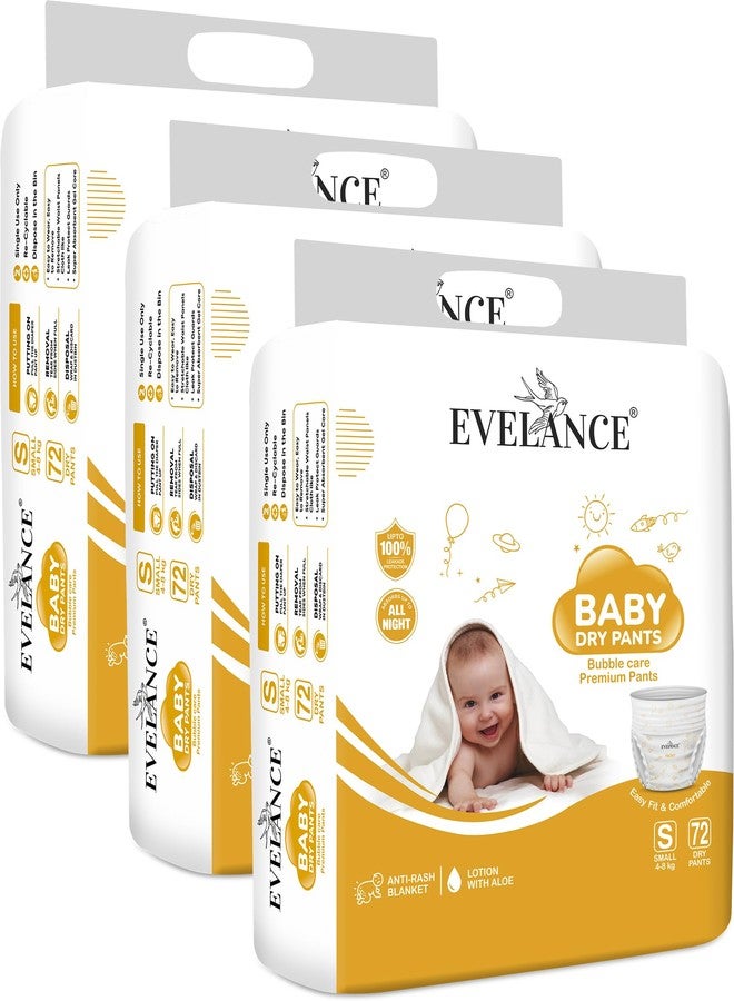 Evelance Premium Baby Pants, Size S, 216 diapers, an anti-rash blanket, for 4-8 kgs baby, easy fit and fast absorption(Pack of 3) - Image 1