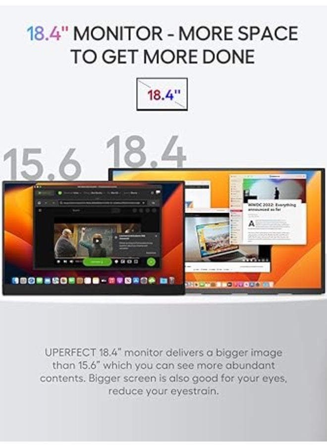 أوبيرفكت يو بيرفيكت شاشة محمولة 18.4 انش 4K، شاشة 10 بت HDR IPS، شاشة رفيعة للغاية بدون اطار مع حامل قابل للتعديل 180 درجة وحامل فيسا ومنفذ USB-C ميني HDMI مزدوج، شاشة خفيفة الوزن للسفر والالعاب والعمل - Image 2