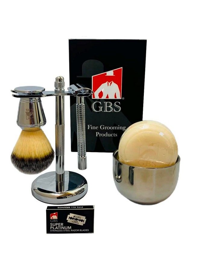 G.B.S 5 Piece Shaving Set 4.5" Long Handle Nonslip Knurled De Razor Stand Shaving Brush Shaving Bowl With G.B.S Natural Soap + 5 De Blades - Image 2