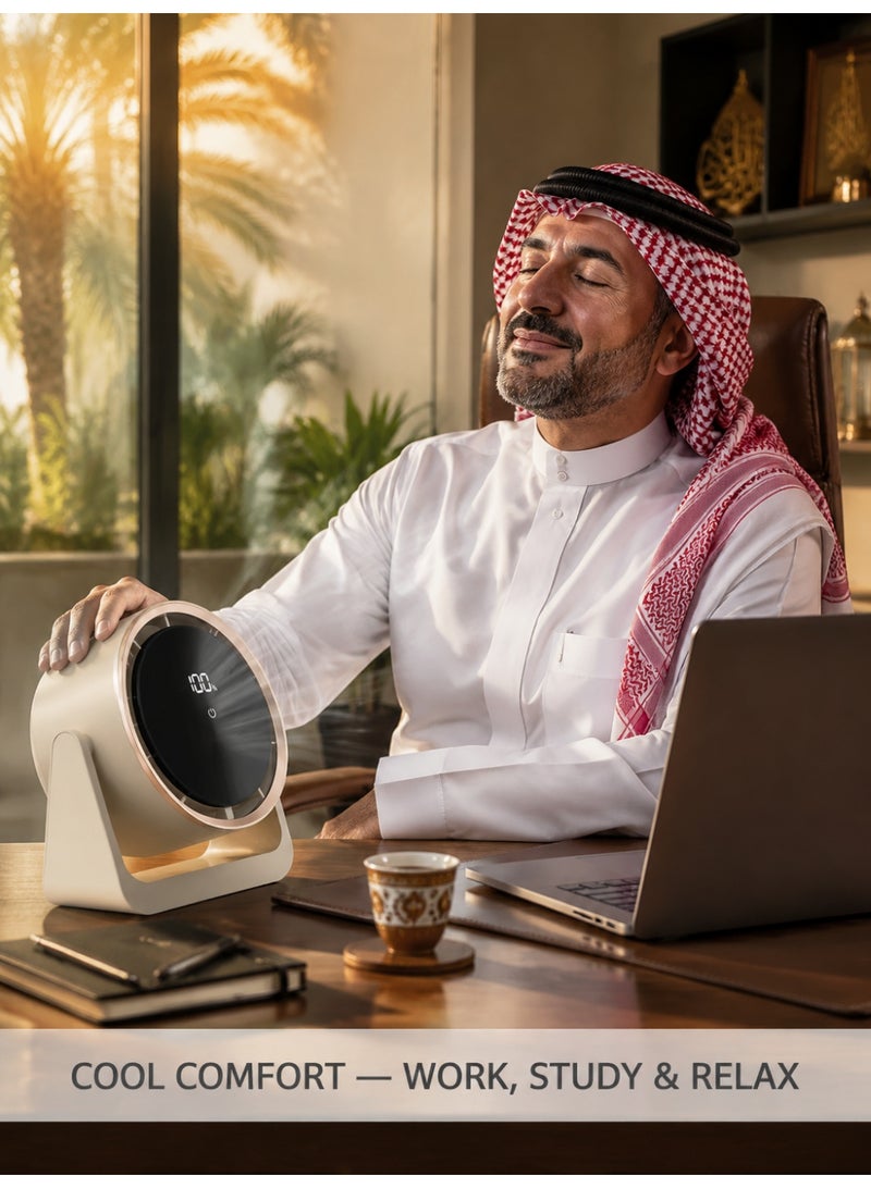 مروحة صغيرة قابلة للشحن USB مع ضوء ليلي، 5 سرعات تبريد توربو، قابلة للتعليق على الحائط والمكتب والاستخدام الخارجي، دوران 90 درجة، شاشة LED تحكم باللمس، لون أبيض تغليف صندوق - Image 2