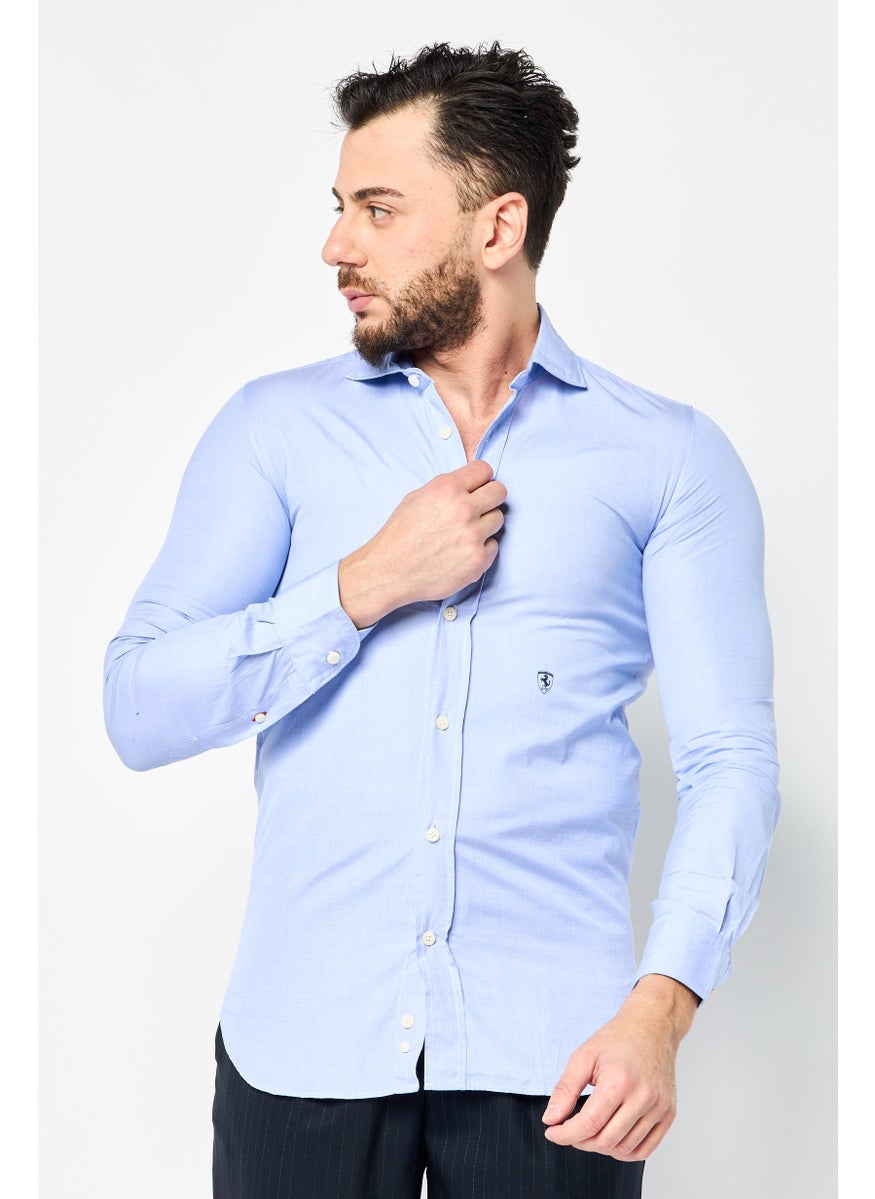 Scuderia Ferrari Men Regular Fit Chambray Long Sleeves Casual Shirt, Blue  - Image 1