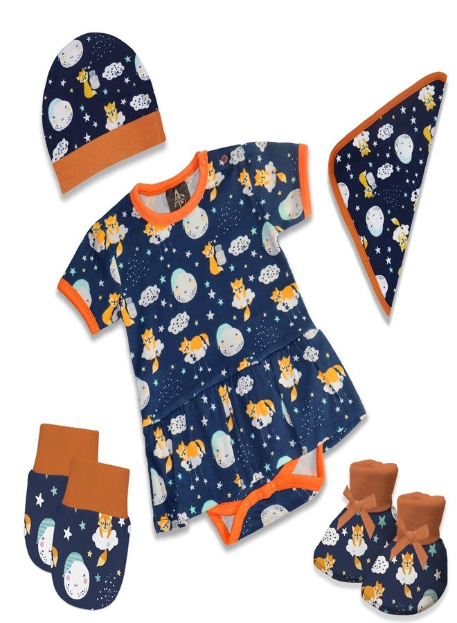 Adhigams New Born Baby Girl Caps/Rompers/Mittons/Booties/Napkins Clothing Gift Set -5 Pieces Cosmic Nights(Dark Blue) for 9-12 Months - Image 1