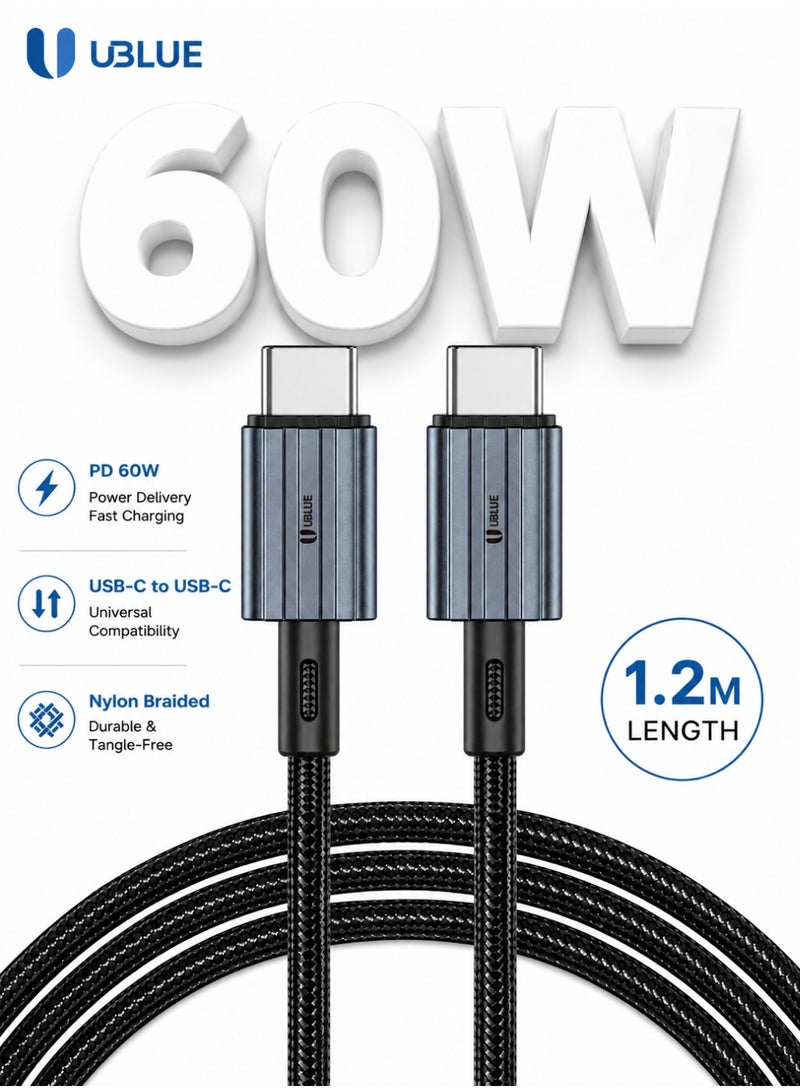 UBLUE USB-C to USB-C Cable, 60W Max, Fast Charging, 1.2m, Nylon Braided Type-C, USB 2.0 480Mbps Data, Black for iPhone 15/16/17 pro max, iPad mini 7, MacBook Pro, iPad, Samsung S25 Ultra/S24/23 - Image 1