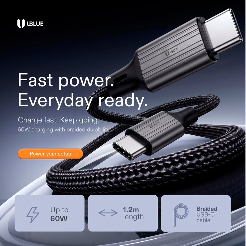 UBLUE USB-C to USB-C Cable, 60W Max, Fast Charging, 1.2m, Nylon Braided Type-C, USB 2.0 480Mbps Data, Black for iPhone 15/16/17 pro max, iPad mini 7, MacBook Pro, iPad, Samsung S25 Ultra/S24/23 - Image 2