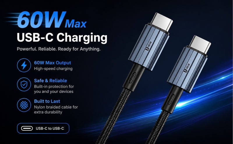 UBLUE USB-C to USB-C Cable, 60W Max, Fast Charging, 1.2m, Nylon Braided Type-C, USB 2.0 480Mbps Data, Black for iPhone 15/16/17 pro max, iPad mini 7, MacBook Pro, iPad, Samsung S25 Ultra/S24/23 - Image 3