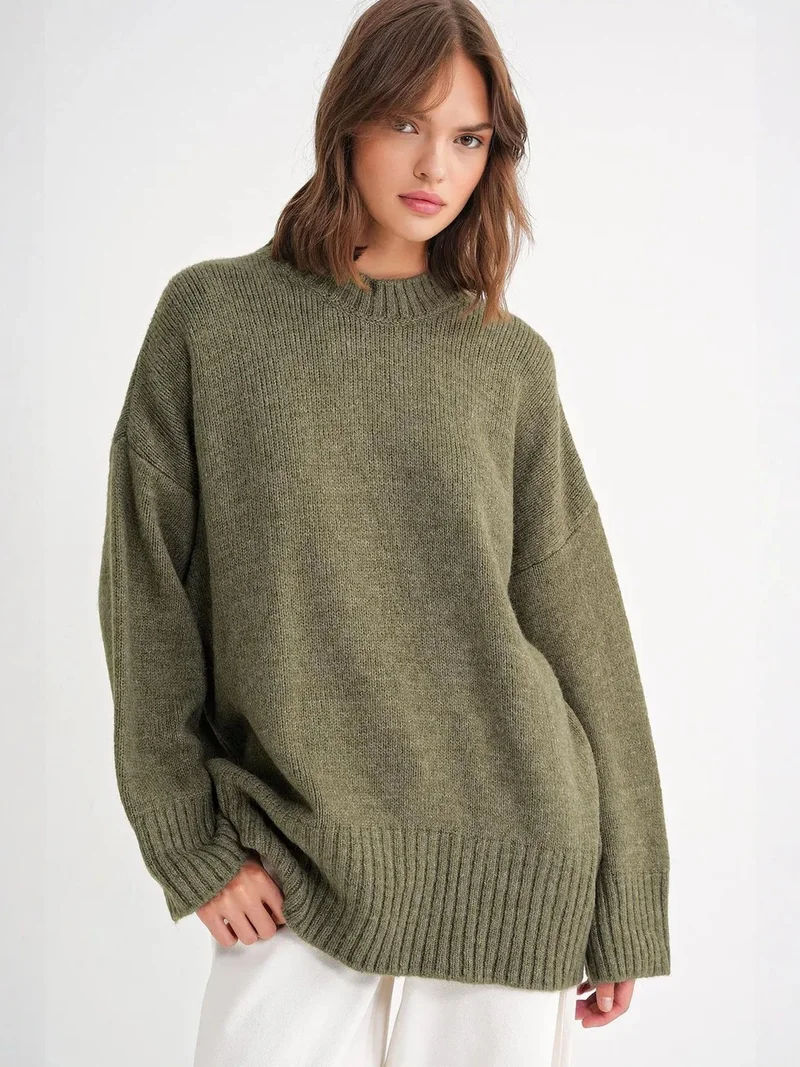 ميكسراي Mixray Oversized Ribbed Knit Sweater with Crew Neck