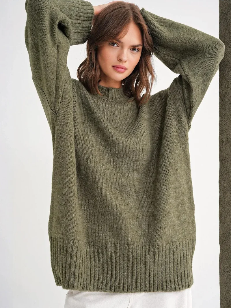 ميكسراي Mixray Oversized Ribbed Knit Sweater with Crew Neck