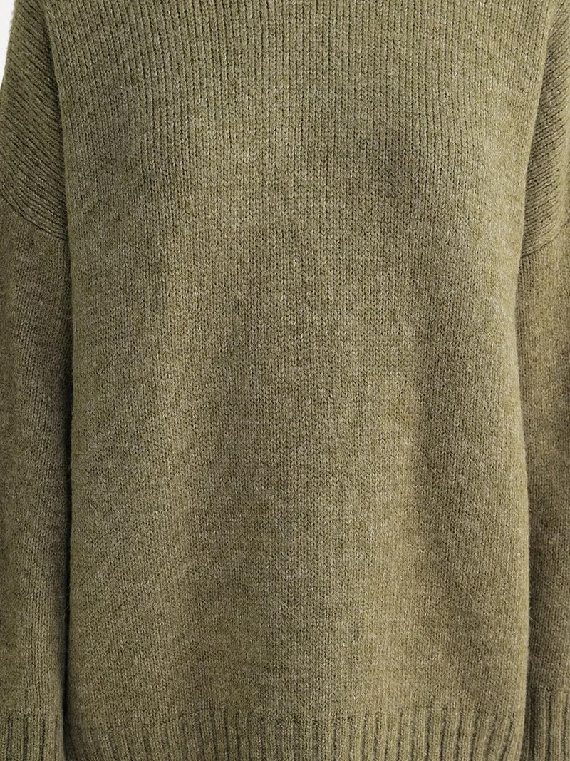 Mixray Khaki Green Mixray Oversized Ribbed Knit Sweater with Crew Neck for Women | Best Price UAE