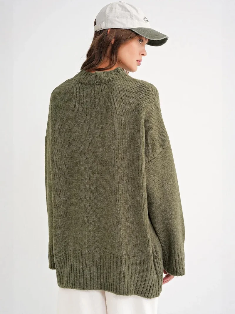Mixray Khaki Green Mixray Oversized Ribbed Knit Sweater with Crew Neck for Women | Best Price UAE