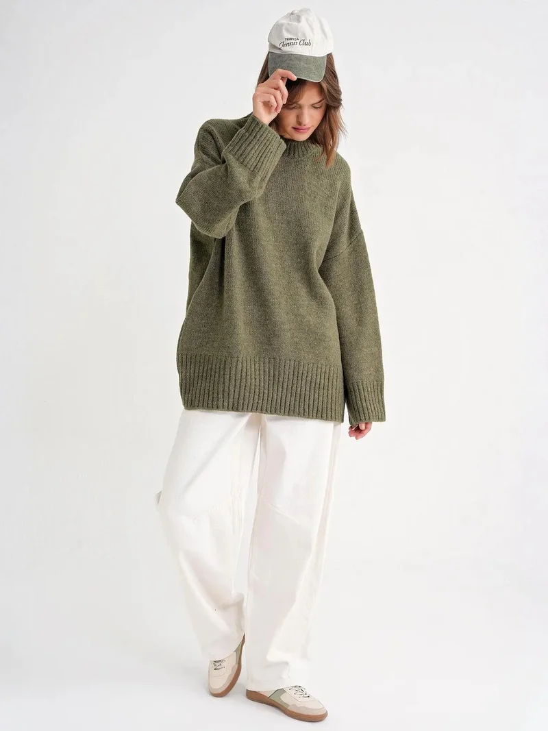 Mixray Khaki Green Mixray Oversized Ribbed Knit Sweater with Crew Neck for Women | Best Price UAE