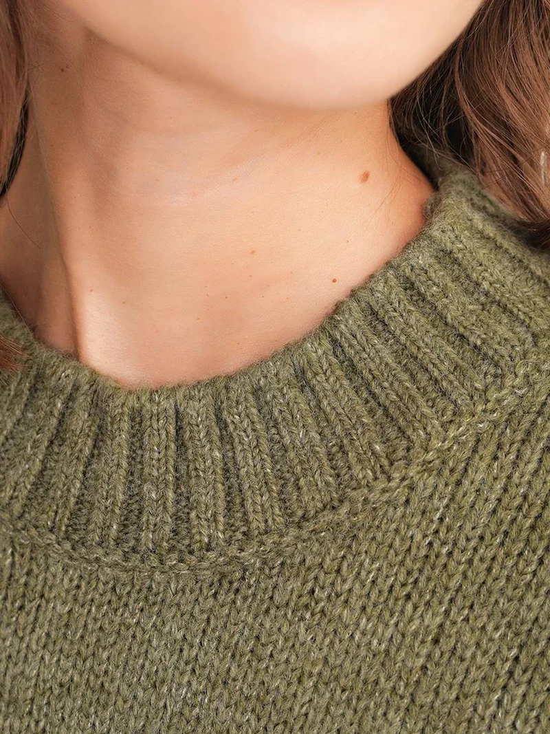 Mixray Khaki Green Mixray Oversized Ribbed Knit Sweater with Crew Neck for Women | Best Price UAE
