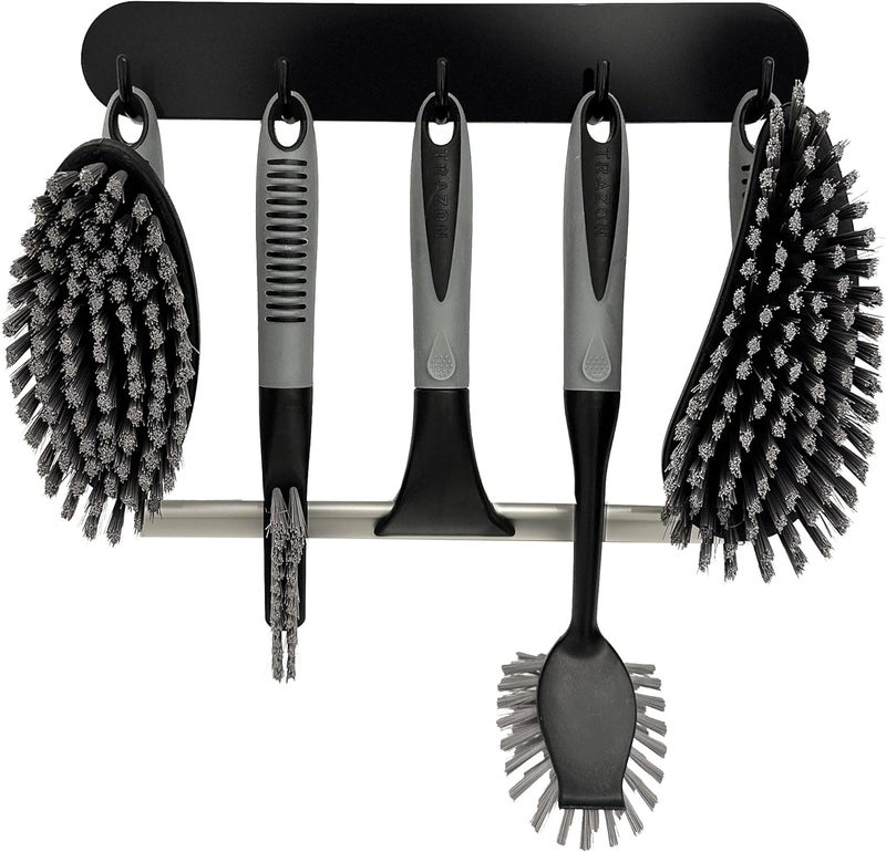 Trazon Scrub Brush Set of 6 pcs - Cleaning Shower Scrubbers with Squeegee for Shower Glass and Adhesive Wall Hooks Including Grout Cleaner Brush, Scrub Brushes for Cleaning Bathroom, Shower, Tile, Bathtub - Image 1