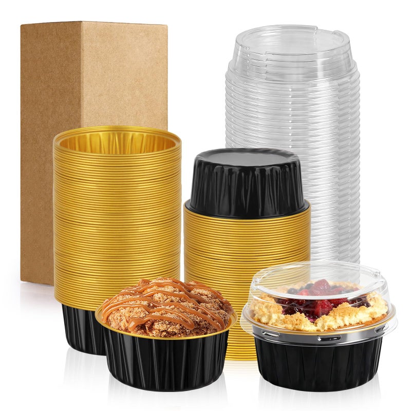 CXIIPOL 60 Pack 5 OZ Round Mini Cake Pans with Lids, Disposable Aluminum Foil Baking Pans with Lids, Mini Cake Containers for Birthday Party, Wedding, Baby Shower, Holiday Celebration - Image 1