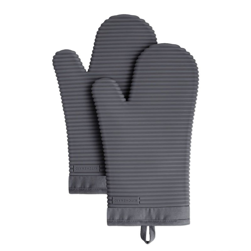 KitchenAid Ribbed Soft Silicone Oven Mitt Set  Charcoal Grey 2 Count   7.5""x13"" - Image 1
